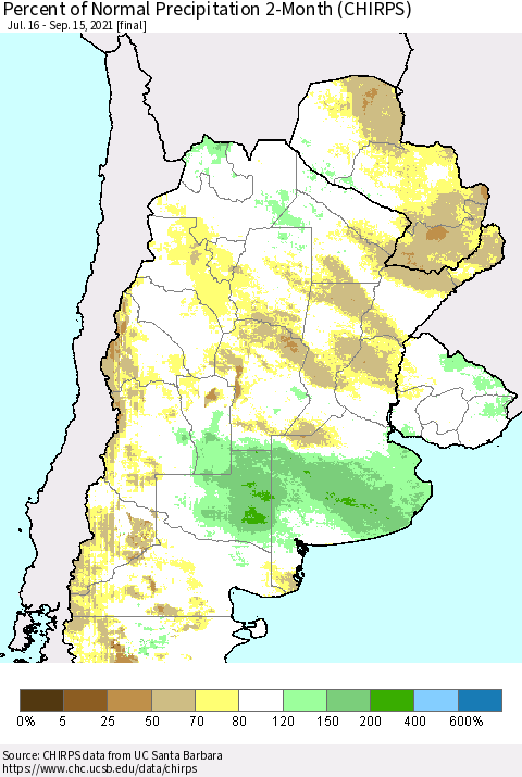 Southern South America Percent of Normal Precipitation 2-Month (CHIRPS) Thematic Map For 7/16/2021 - 9/15/2021