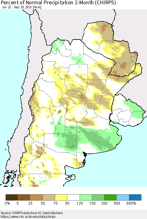 Southern South America Percent of Normal Precipitation 2-Month (CHIRPS) Thematic Map For 7/21/2021 - 9/20/2021