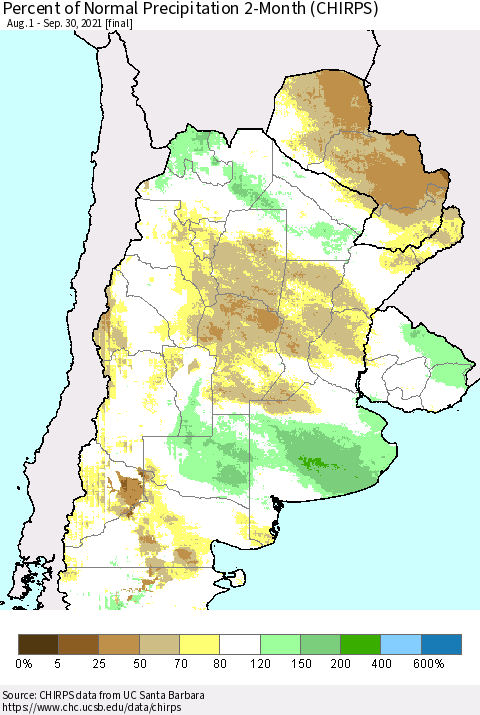 Southern South America Percent of Normal Precipitation 2-Month (CHIRPS) Thematic Map For 8/1/2021 - 9/30/2021