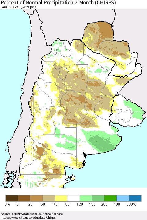 Southern South America Percent of Normal Precipitation 2-Month (CHIRPS) Thematic Map For 8/6/2021 - 10/5/2021