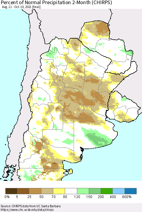 Southern South America Percent of Normal Precipitation 2-Month (CHIRPS) Thematic Map For 8/11/2021 - 10/10/2021