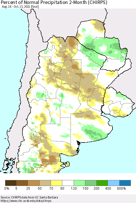 Southern South America Percent of Normal Precipitation 2-Month (CHIRPS) Thematic Map For 8/16/2021 - 10/15/2021