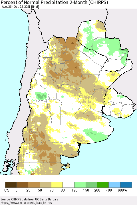 Southern South America Percent of Normal Precipitation 2-Month (CHIRPS) Thematic Map For 8/26/2021 - 10/25/2021
