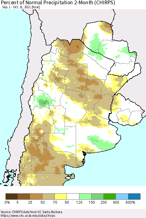 Southern South America Percent of Normal Precipitation 2-Month (CHIRPS) Thematic Map For 9/1/2021 - 10/31/2021