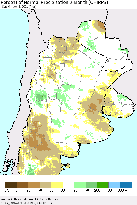 Southern South America Percent of Normal Precipitation 2-Month (CHIRPS) Thematic Map For 9/6/2021 - 11/5/2021