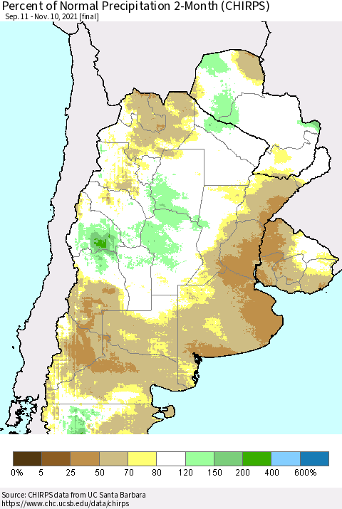 Southern South America Percent of Normal Precipitation 2-Month (CHIRPS) Thematic Map For 9/11/2021 - 11/10/2021