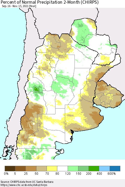 Southern South America Percent of Normal Precipitation 2-Month (CHIRPS) Thematic Map For 9/16/2021 - 11/15/2021