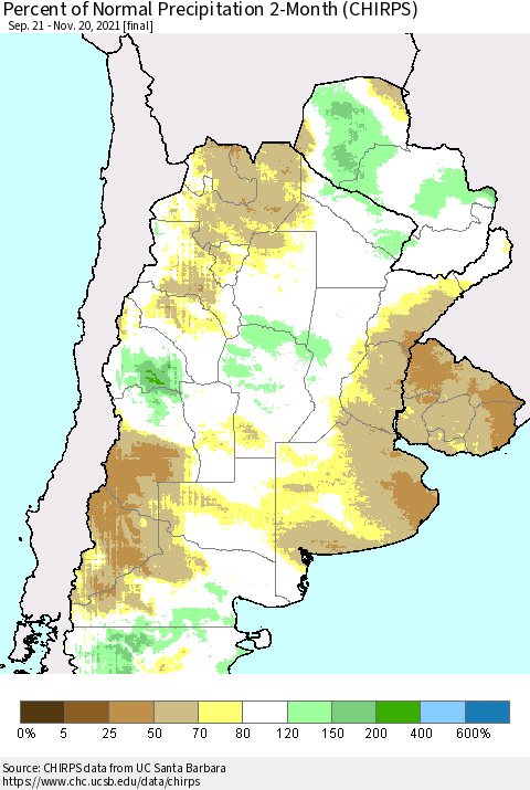 Southern South America Percent of Normal Precipitation 2-Month (CHIRPS) Thematic Map For 9/21/2021 - 11/20/2021