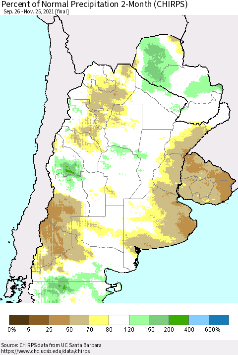 Southern South America Percent of Normal Precipitation 2-Month (CHIRPS) Thematic Map For 9/26/2021 - 11/25/2021