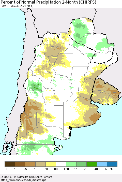 Southern South America Percent of Normal Precipitation 2-Month (CHIRPS) Thematic Map For 10/1/2021 - 11/30/2021