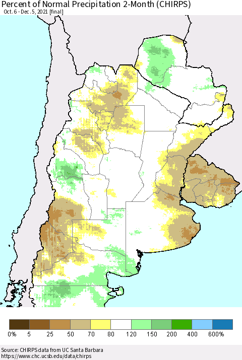 Southern South America Percent of Normal Precipitation 2-Month (CHIRPS) Thematic Map For 10/6/2021 - 12/5/2021