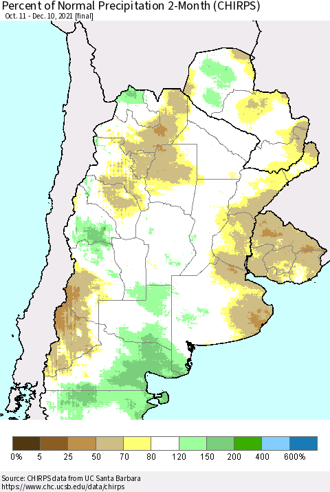 Southern South America Percent of Normal Precipitation 2-Month (CHIRPS) Thematic Map For 10/11/2021 - 12/10/2021