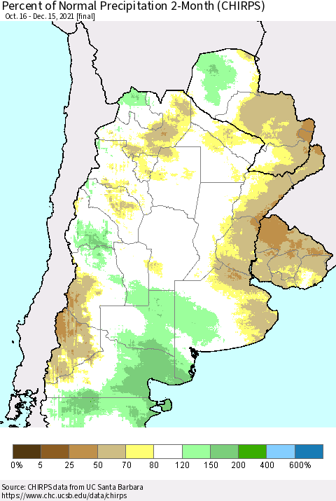 Southern South America Percent of Normal Precipitation 2-Month (CHIRPS) Thematic Map For 10/16/2021 - 12/15/2021