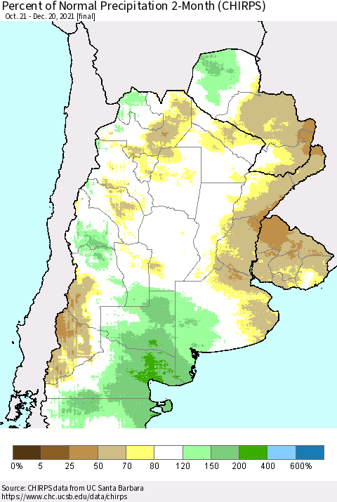 Southern South America Percent of Normal Precipitation 2-Month (CHIRPS) Thematic Map For 10/21/2021 - 12/20/2021