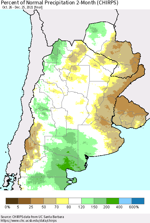 Southern South America Percent of Normal Precipitation 2-Month (CHIRPS) Thematic Map For 10/26/2021 - 12/25/2021