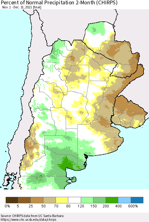 Southern South America Percent of Normal Precipitation 2-Month (CHIRPS) Thematic Map For 11/1/2021 - 12/31/2021