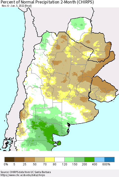 Southern South America Percent of Normal Precipitation 2-Month (CHIRPS) Thematic Map For 11/6/2021 - 1/5/2022