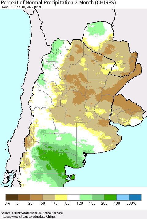 Southern South America Percent of Normal Precipitation 2-Month (CHIRPS) Thematic Map For 11/11/2021 - 1/10/2022