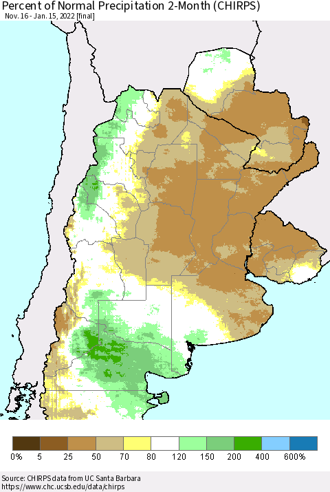 Southern South America Percent of Normal Precipitation 2-Month (CHIRPS) Thematic Map For 11/16/2021 - 1/15/2022