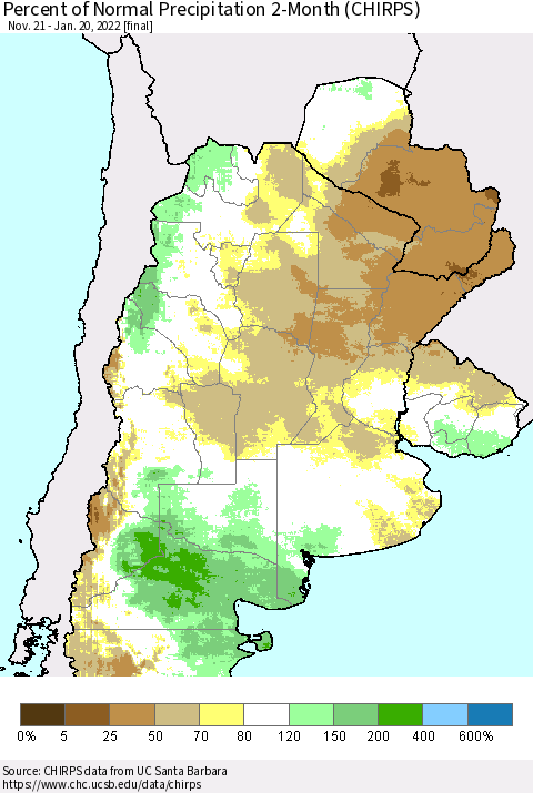 Southern South America Percent of Normal Precipitation 2-Month (CHIRPS) Thematic Map For 11/21/2021 - 1/20/2022