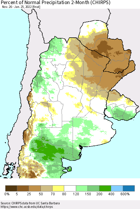 Southern South America Percent of Normal Precipitation 2-Month (CHIRPS) Thematic Map For 11/26/2021 - 1/25/2022