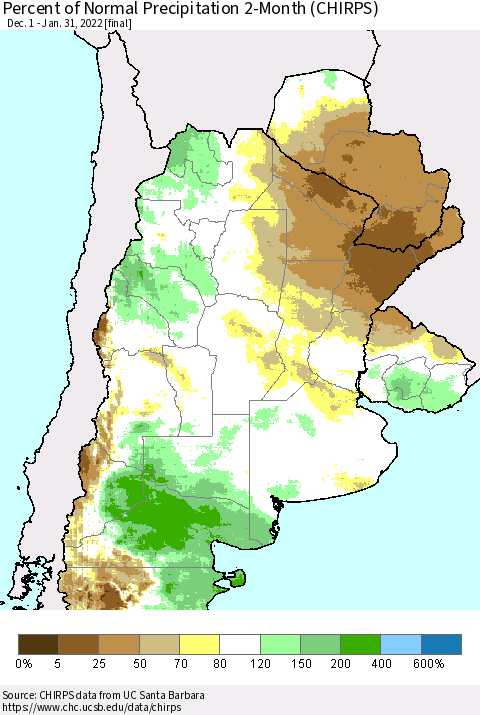 Southern South America Percent of Normal Precipitation 2-Month (CHIRPS) Thematic Map For 12/1/2021 - 1/31/2022