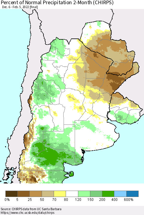 Southern South America Percent of Normal Precipitation 2-Month (CHIRPS) Thematic Map For 12/6/2021 - 2/5/2022