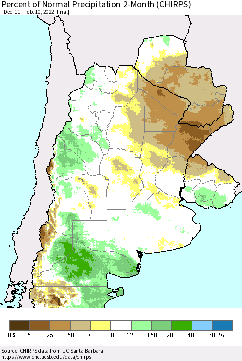 Southern South America Percent of Normal Precipitation 2-Month (CHIRPS) Thematic Map For 12/11/2021 - 2/10/2022