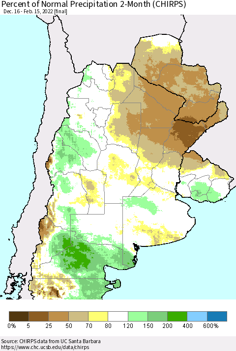 Southern South America Percent of Normal Precipitation 2-Month (CHIRPS) Thematic Map For 12/16/2021 - 2/15/2022