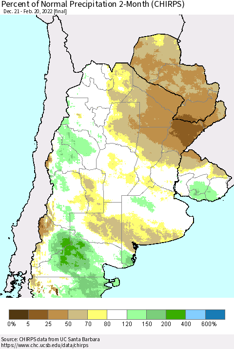 Southern South America Percent of Normal Precipitation 2-Month (CHIRPS) Thematic Map For 12/21/2021 - 2/20/2022