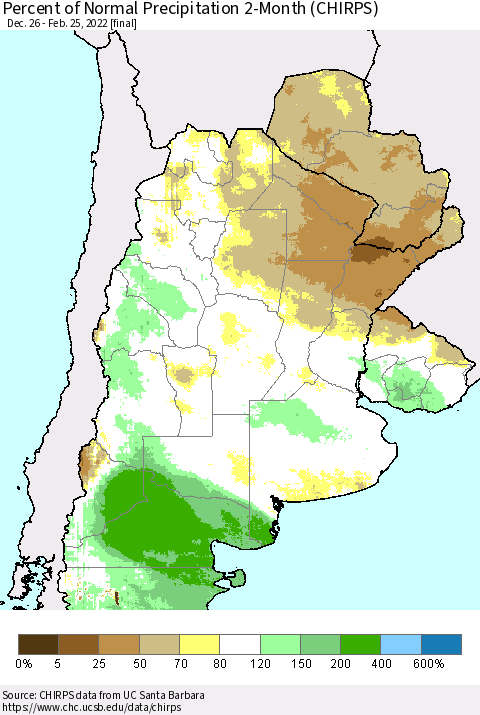Southern South America Percent of Normal Precipitation 2-Month (CHIRPS) Thematic Map For 12/26/2021 - 2/25/2022
