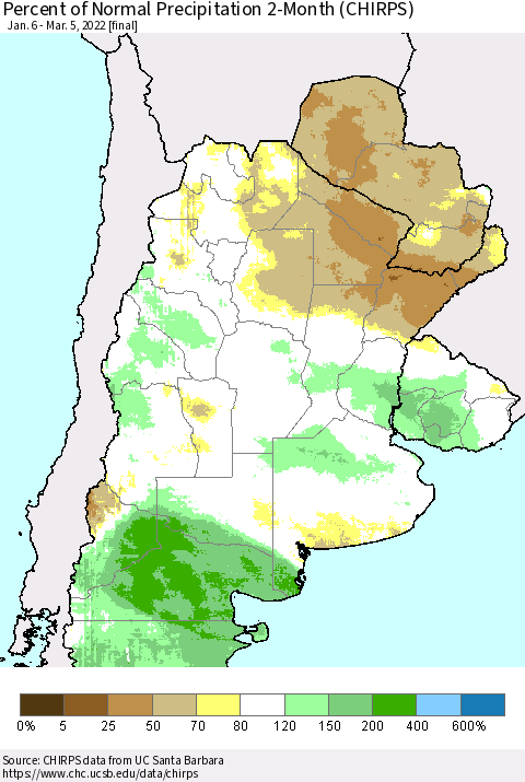Southern South America Percent of Normal Precipitation 2-Month (CHIRPS) Thematic Map For 1/6/2022 - 3/5/2022