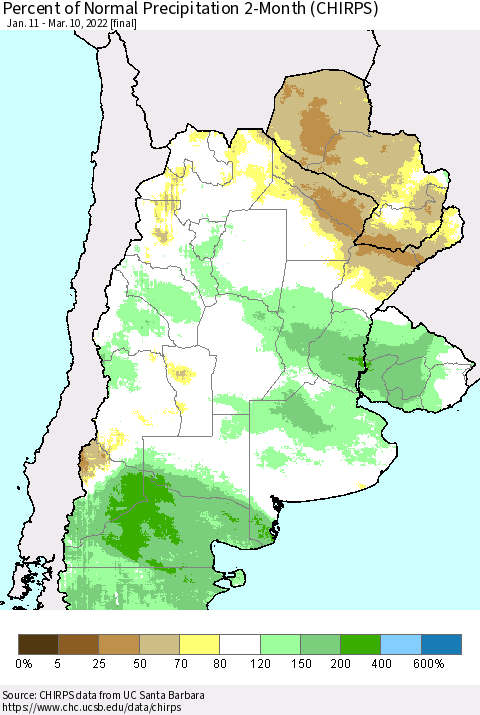 Southern South America Percent of Normal Precipitation 2-Month (CHIRPS) Thematic Map For 1/11/2022 - 3/10/2022