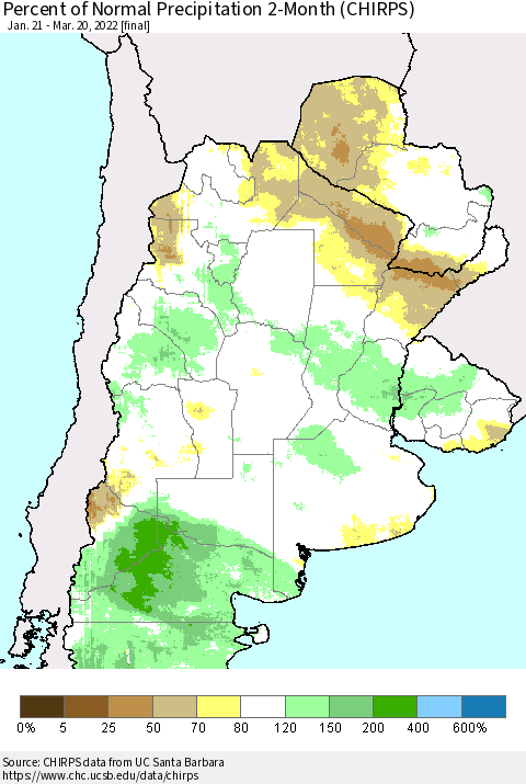 Southern South America Percent of Normal Precipitation 2-Month (CHIRPS) Thematic Map For 1/21/2022 - 3/20/2022