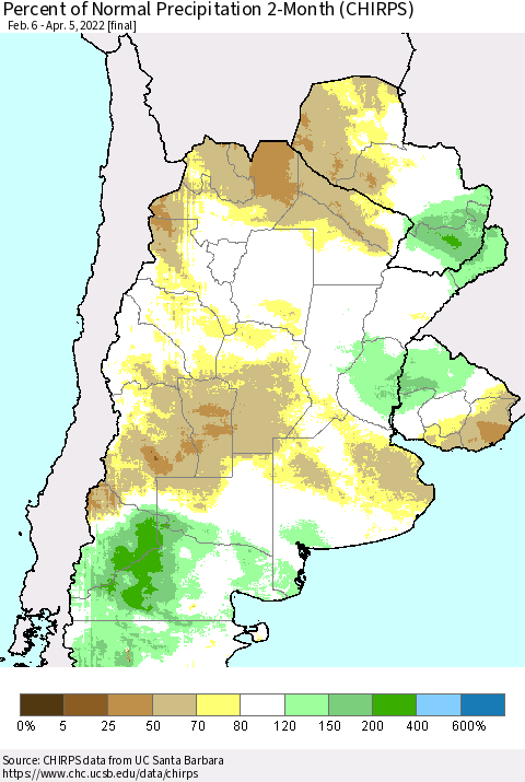 Southern South America Percent of Normal Precipitation 2-Month (CHIRPS) Thematic Map For 2/6/2022 - 4/5/2022