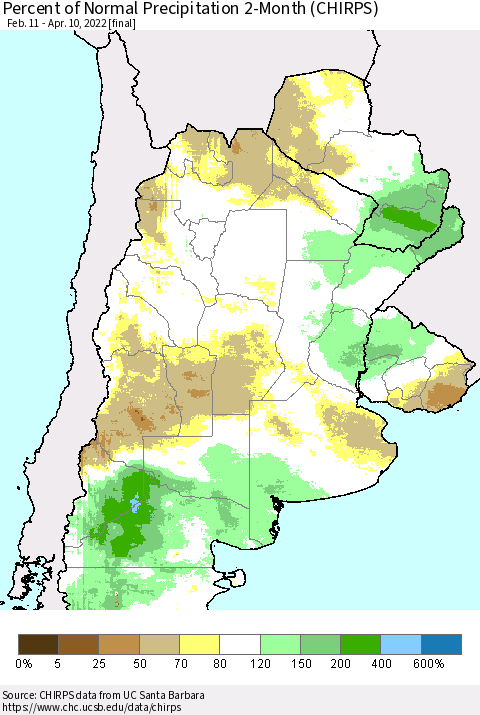 Southern South America Percent of Normal Precipitation 2-Month (CHIRPS) Thematic Map For 2/11/2022 - 4/10/2022
