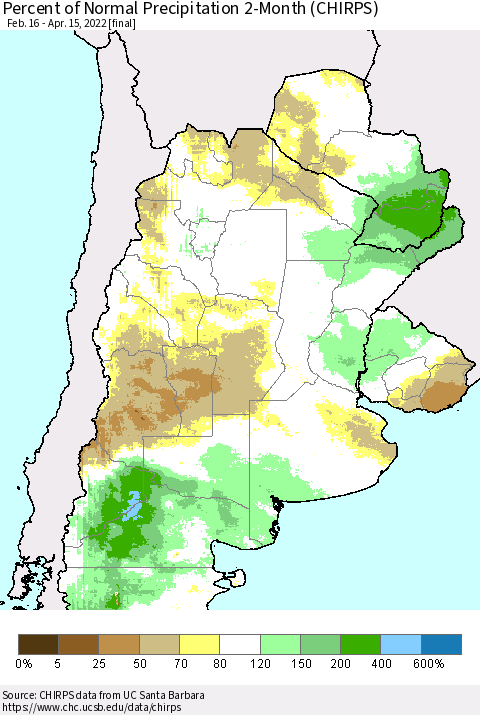 Southern South America Percent of Normal Precipitation 2-Month (CHIRPS) Thematic Map For 2/16/2022 - 4/15/2022