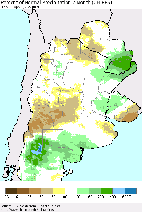 Southern South America Percent of Normal Precipitation 2-Month (CHIRPS) Thematic Map For 2/21/2022 - 4/20/2022