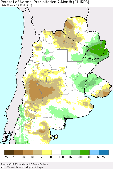 Southern South America Percent of Normal Precipitation 2-Month (CHIRPS) Thematic Map For 2/26/2022 - 4/25/2022