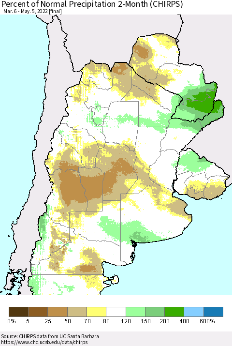 Southern South America Percent of Normal Precipitation 2-Month (CHIRPS) Thematic Map For 3/6/2022 - 5/5/2022