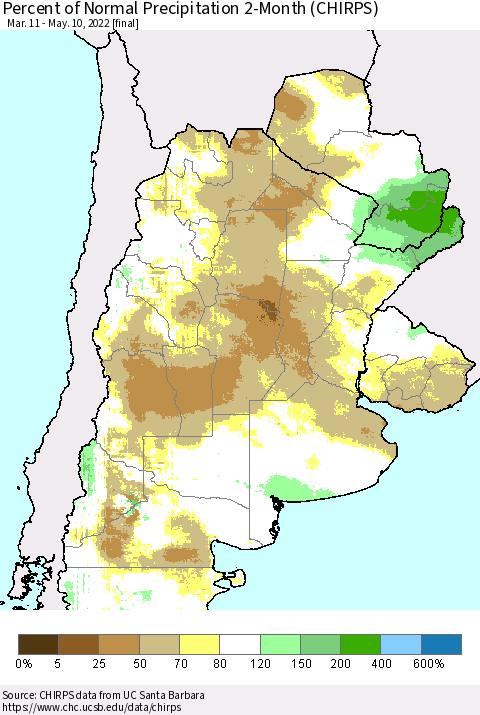 Southern South America Percent of Normal Precipitation 2-Month (CHIRPS) Thematic Map For 3/11/2022 - 5/10/2022