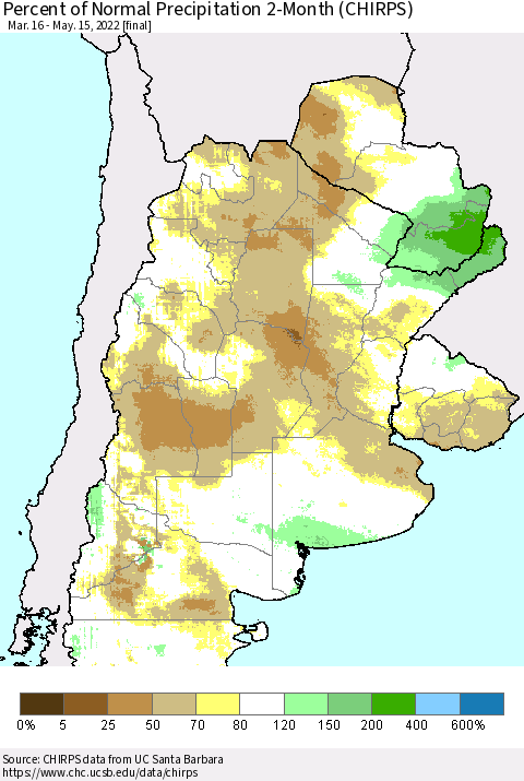 Southern South America Percent of Normal Precipitation 2-Month (CHIRPS) Thematic Map For 3/16/2022 - 5/15/2022