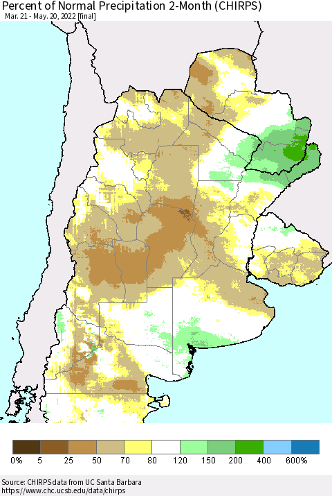Southern South America Percent of Normal Precipitation 2-Month (CHIRPS) Thematic Map For 3/21/2022 - 5/20/2022
