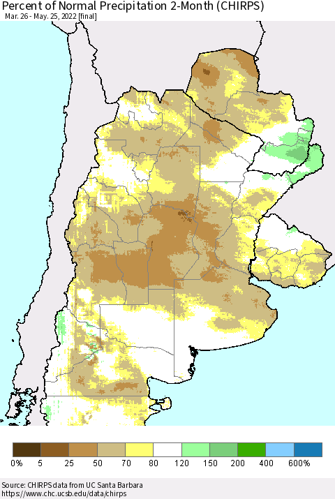Southern South America Percent of Normal Precipitation 2-Month (CHIRPS) Thematic Map For 3/26/2022 - 5/25/2022