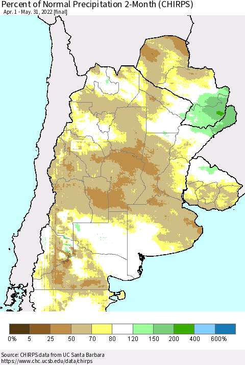 Southern South America Percent of Normal Precipitation 2-Month (CHIRPS) Thematic Map For 4/1/2022 - 5/31/2022