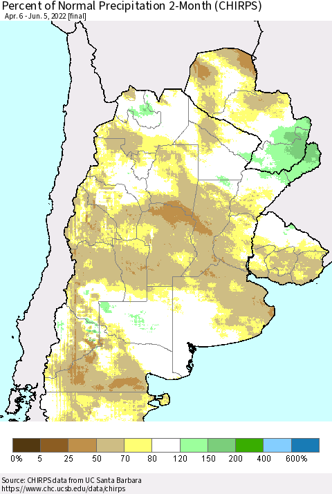 Southern South America Percent of Normal Precipitation 2-Month (CHIRPS) Thematic Map For 4/6/2022 - 6/5/2022