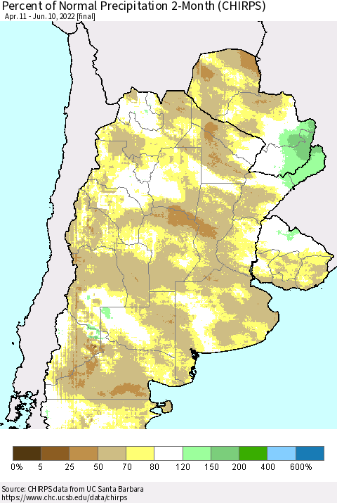 Southern South America Percent of Normal Precipitation 2-Month (CHIRPS) Thematic Map For 4/11/2022 - 6/10/2022