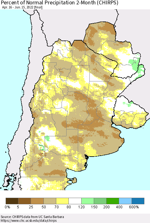 Southern South America Percent of Normal Precipitation 2-Month (CHIRPS) Thematic Map For 4/16/2022 - 6/15/2022