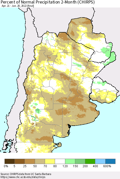 Southern South America Percent of Normal Precipitation 2-Month (CHIRPS) Thematic Map For 4/21/2022 - 6/20/2022