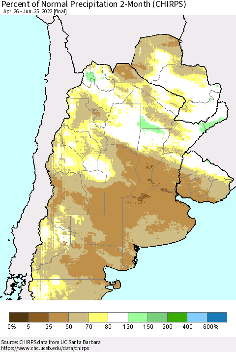 Southern South America Percent of Normal Precipitation 2-Month (CHIRPS) Thematic Map For 4/26/2022 - 6/25/2022